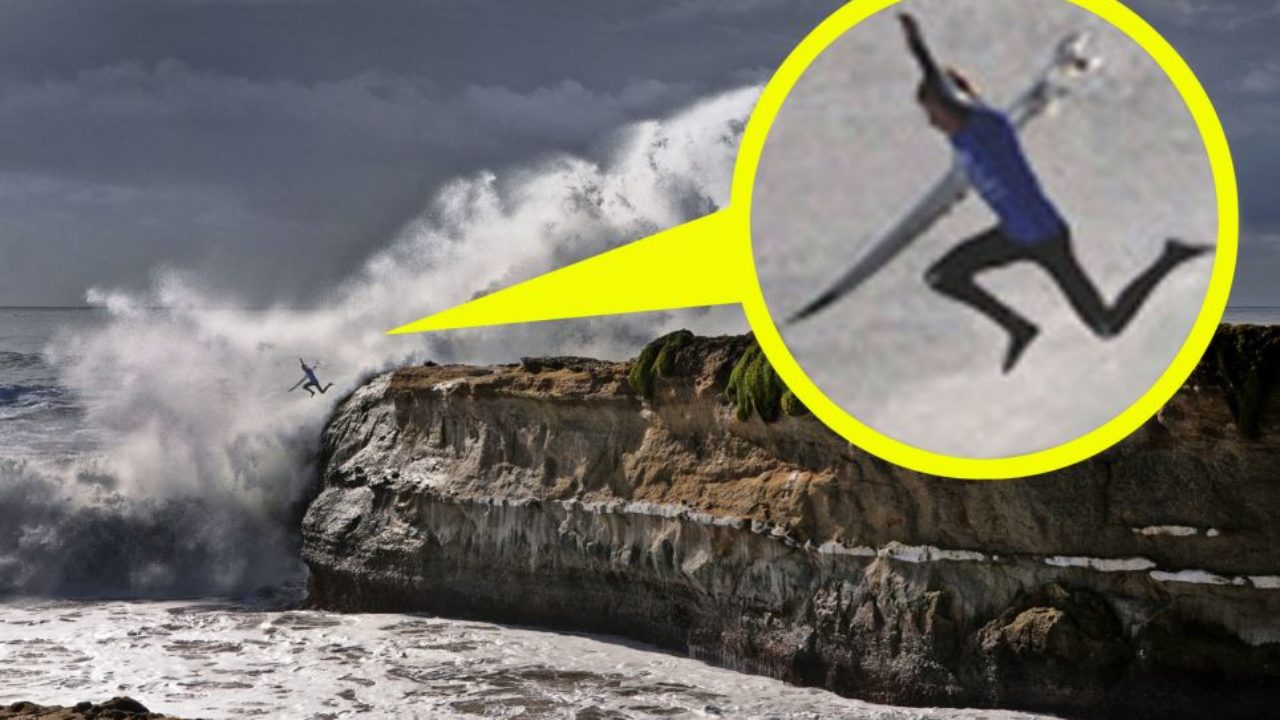 SantaCruz Incredible moment death defying surfer jumps off cliff